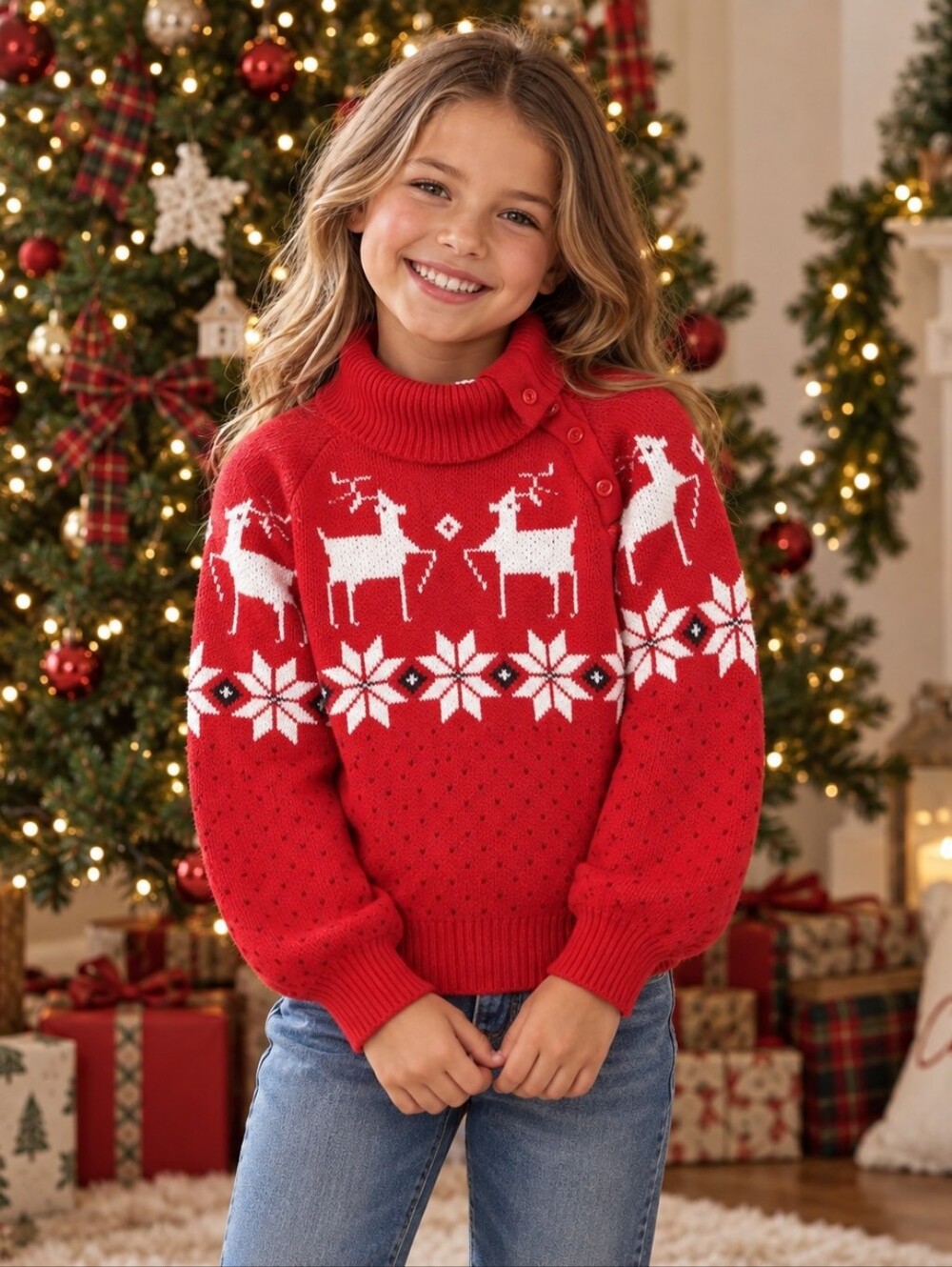 Janie and Jack Turtleneck Fair Isle Reindeer Sweater Christmas Holiday Girls' 10